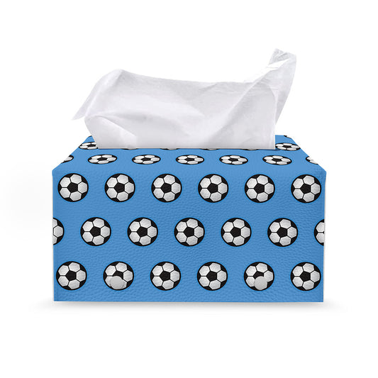 Blue Soccer Ball Pattern Print Leather Tissue Box Cover