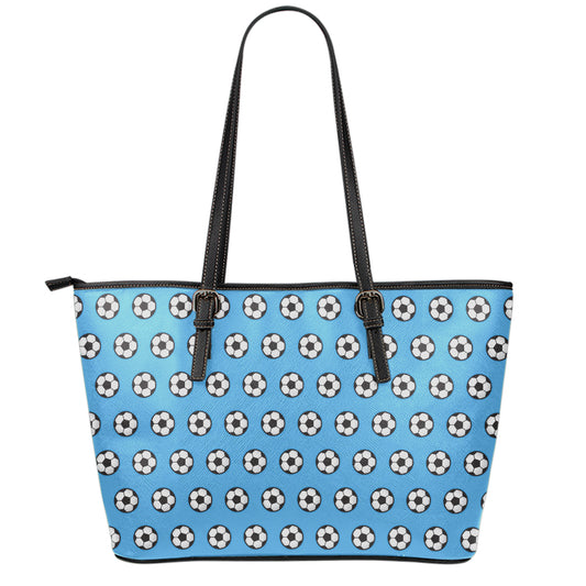 Blue Soccer Ball Pattern Print Leather Tote Bag