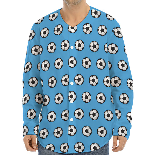 Blue Soccer Ball Pattern Print Long Sleeve Baseball Jersey