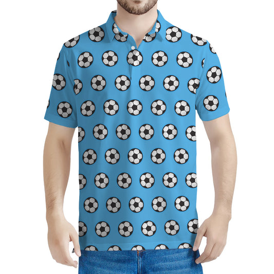 Blue Soccer Ball Pattern Print Men's Polo Shirt