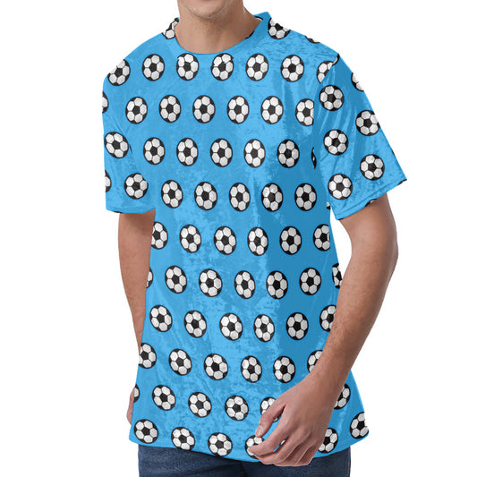 Blue Soccer Ball Pattern Print Men's Velvet T-Shirt