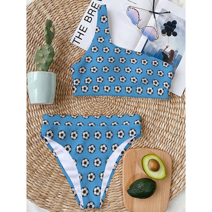 Blue Soccer Ball Pattern Print One Shoulder Bikini Top