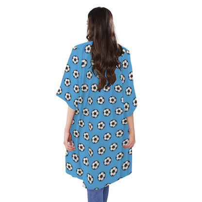 Blue Soccer Ball Pattern Print Open Front Beach Cover Up