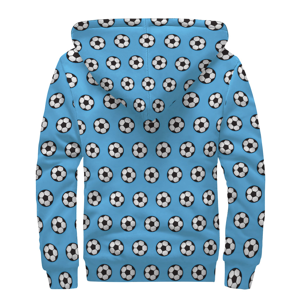 Blue Soccer Ball Pattern Print Sherpa Lined Zip Up Hoodie
