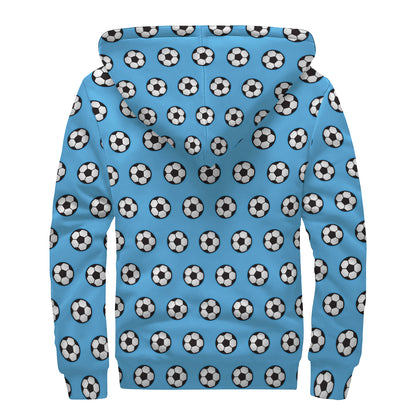Blue Soccer Ball Pattern Print Sherpa Lined Zip Up Hoodie