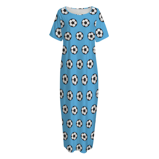 Blue Soccer Ball Pattern Print Short Sleeve Long Nightdress