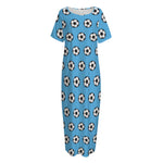 Blue Soccer Ball Pattern Print Short Sleeve Long Nightdress