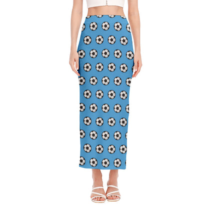 Blue Soccer Ball Pattern Print Side Slit Maxi Skirt