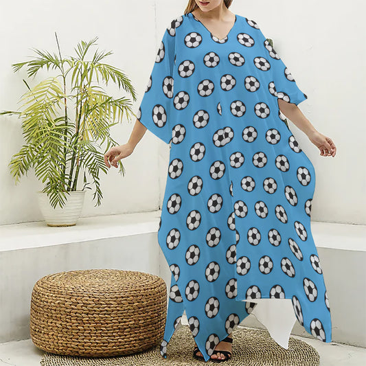 Blue Soccer Ball Pattern Print Silk V-Neck Kaftan Dress