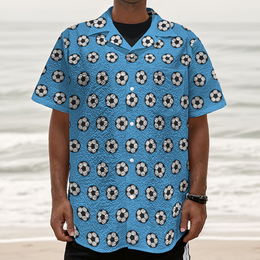 Blue Soccer Ball Pattern Print Textured Short Sleeve Shirt