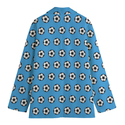 Blue Soccer Ball Pattern Print Women's Cotton Blazer