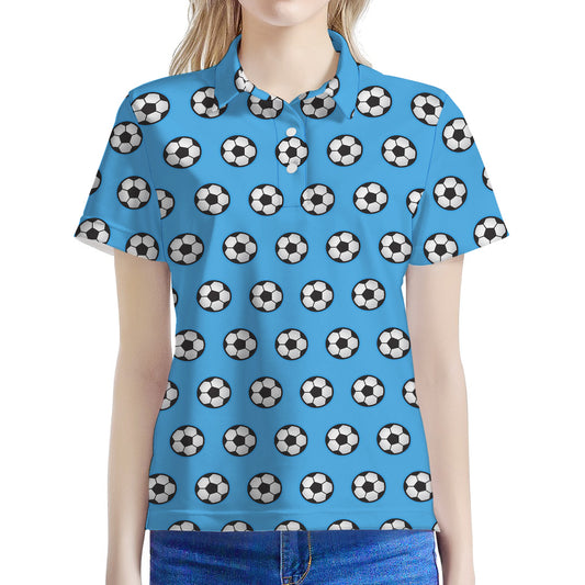Blue Soccer Ball Pattern Print Women's Polo Shirt