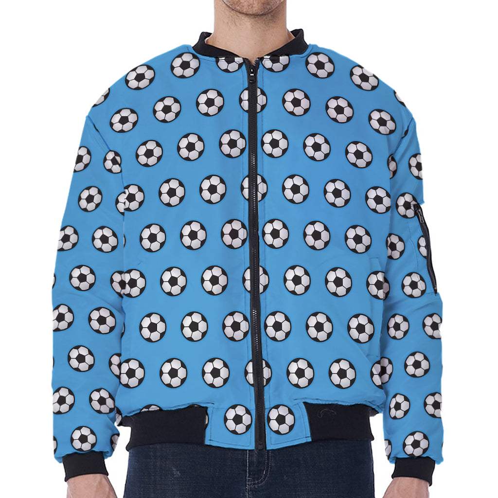 Blue Soccer Ball Pattern Print Zip Sleeve Bomber Jacket