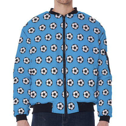Blue Soccer Ball Pattern Print Zip Sleeve Bomber Jacket