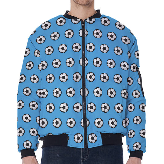 Blue Soccer Ball Pattern Print Zip Sleeve Bomber Jacket