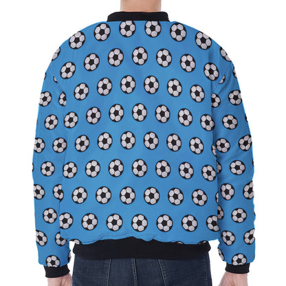 Blue Soccer Ball Pattern Print Zip Sleeve Bomber Jacket