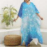 Blue Sparkle Light Print Silk V-Neck Kaftan Dress