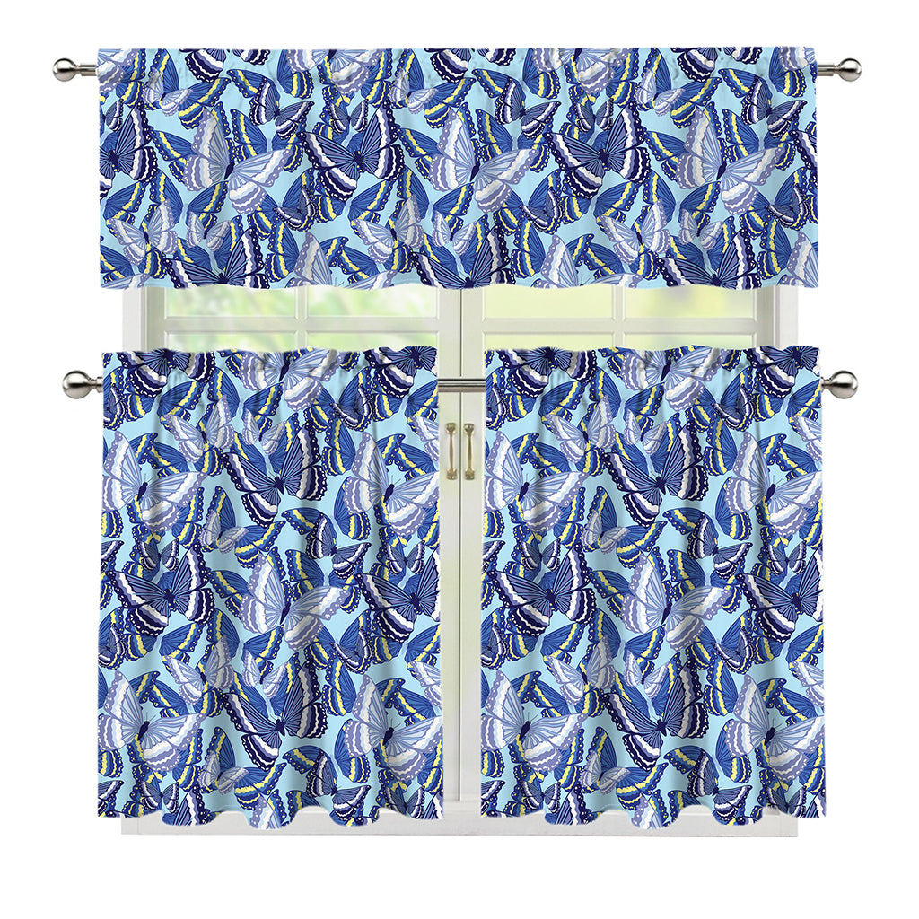 Blue Spring Butterfly Pattern Print 3 Piece Kitchen Curtains
