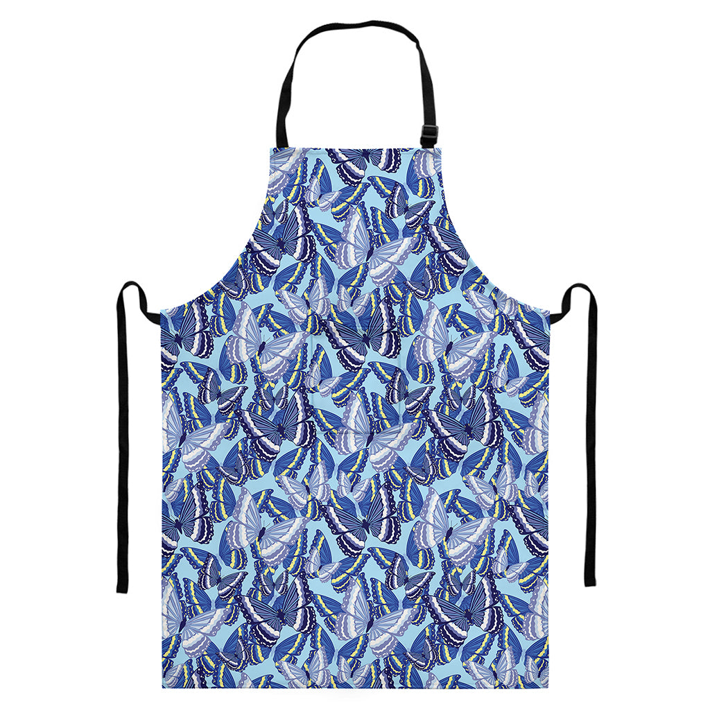 Blue Spring Butterfly Pattern Print Bib Apron With Pocket