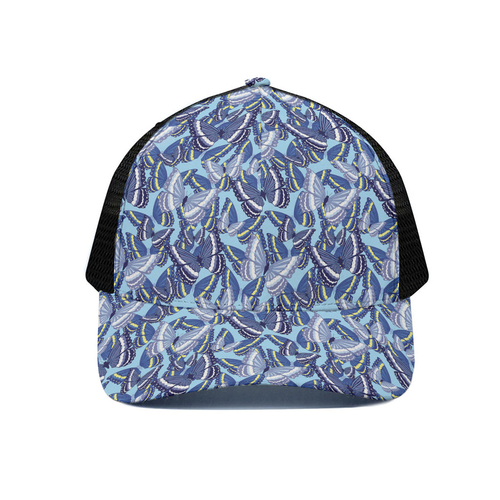 Blue Spring Butterfly Pattern Print Black Mesh Trucker Cap