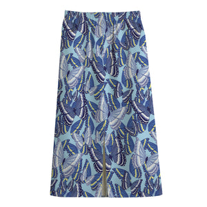 Blue Spring Butterfly Pattern Print Cotton Front Slit Maxi Skirt