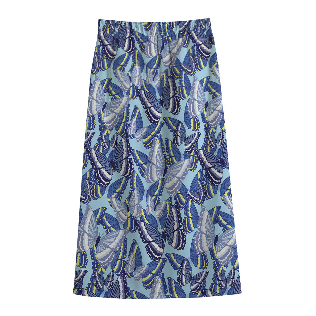 Blue Spring Butterfly Pattern Print Cotton Front Slit Maxi Skirt