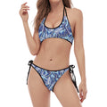 Blue Spring Butterfly Pattern Print Halter Scoop Tie Side Bikini