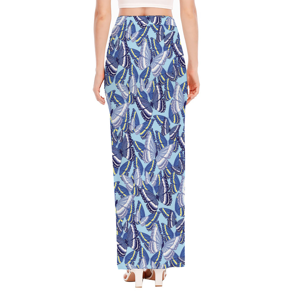 Blue Spring Butterfly Pattern Print High Slit Maxi Skirt