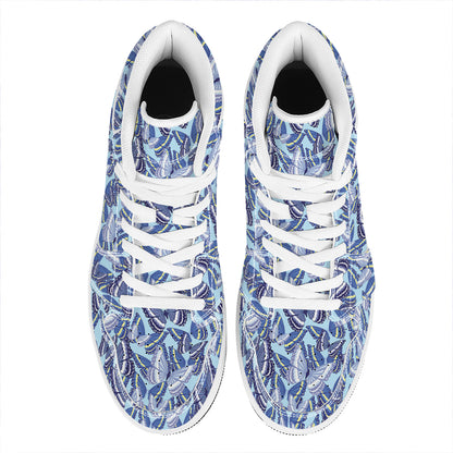 Blue Spring Butterfly Pattern Print High Top Leather Sneakers