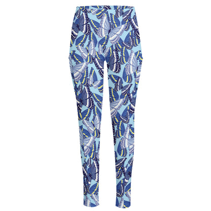 Blue Spring Butterfly Pattern Print High-Waisted Pocket Leggings