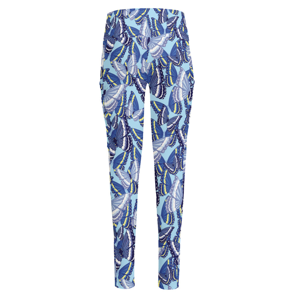 Blue Spring Butterfly Pattern Print High-Waisted Pocket Leggings