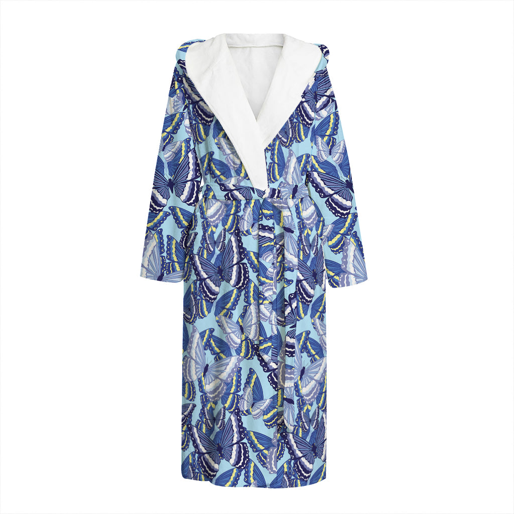 Blue Spring Butterfly Pattern Print Hooded Bathrobe