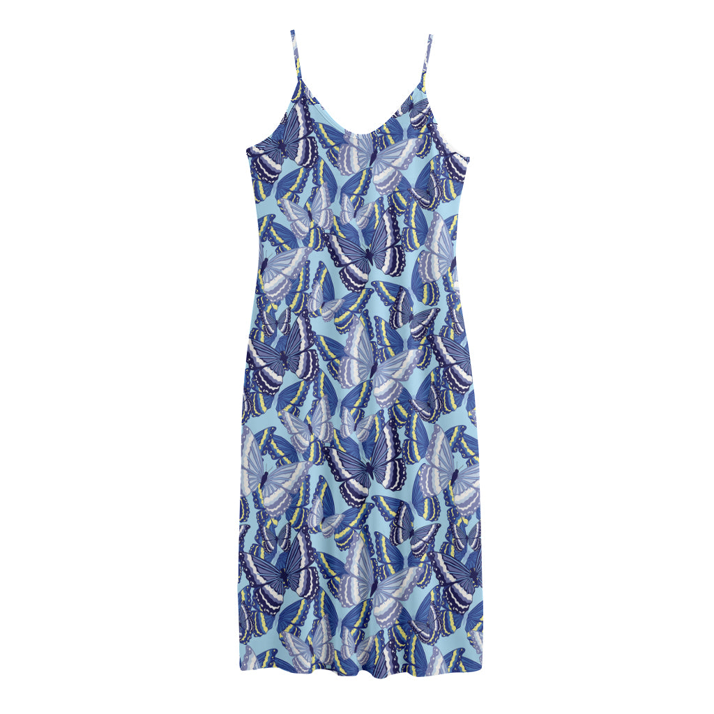 Blue Spring Butterfly Pattern Print Jersey Midi Cami Dress