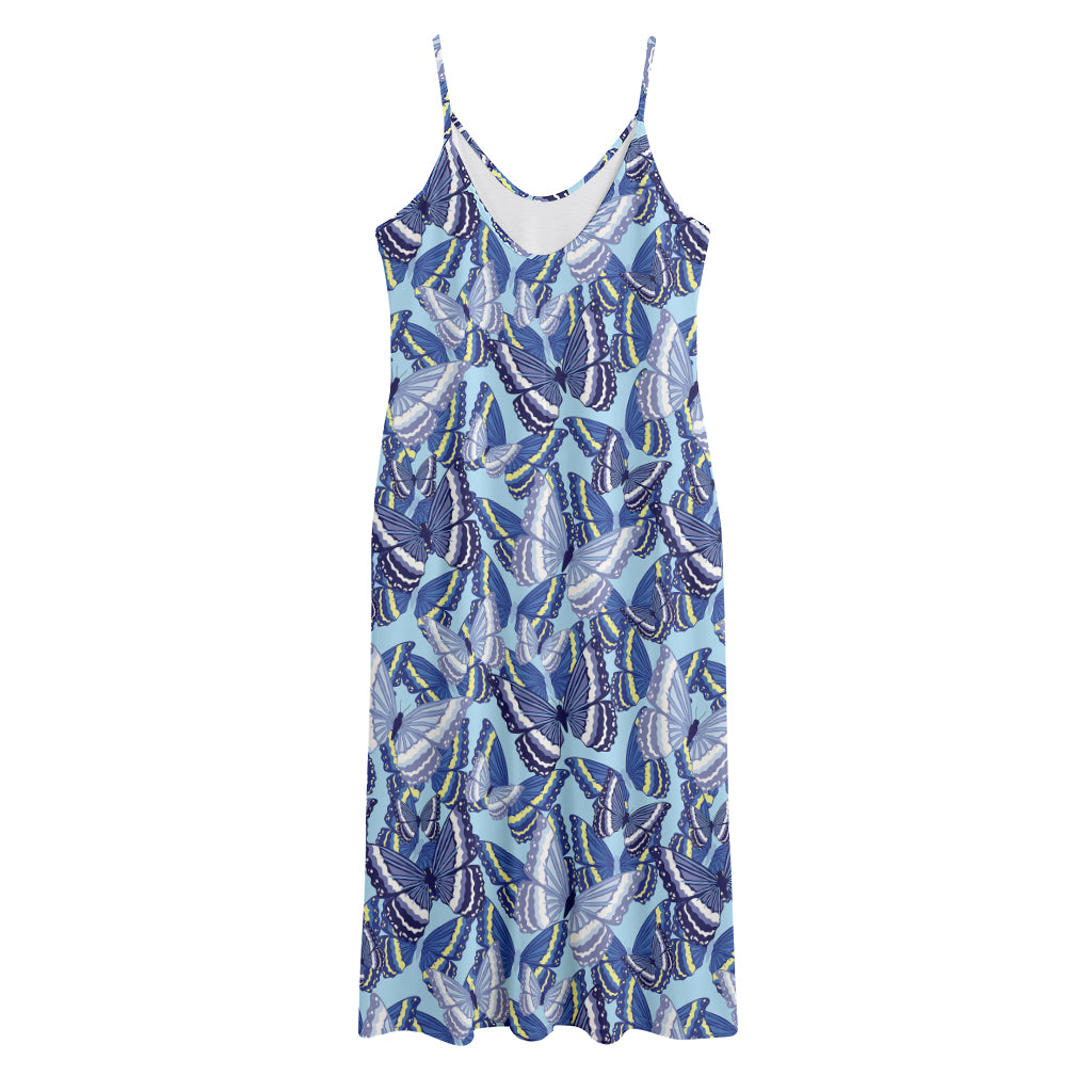 Blue Spring Butterfly Pattern Print Jersey Midi Cami Dress