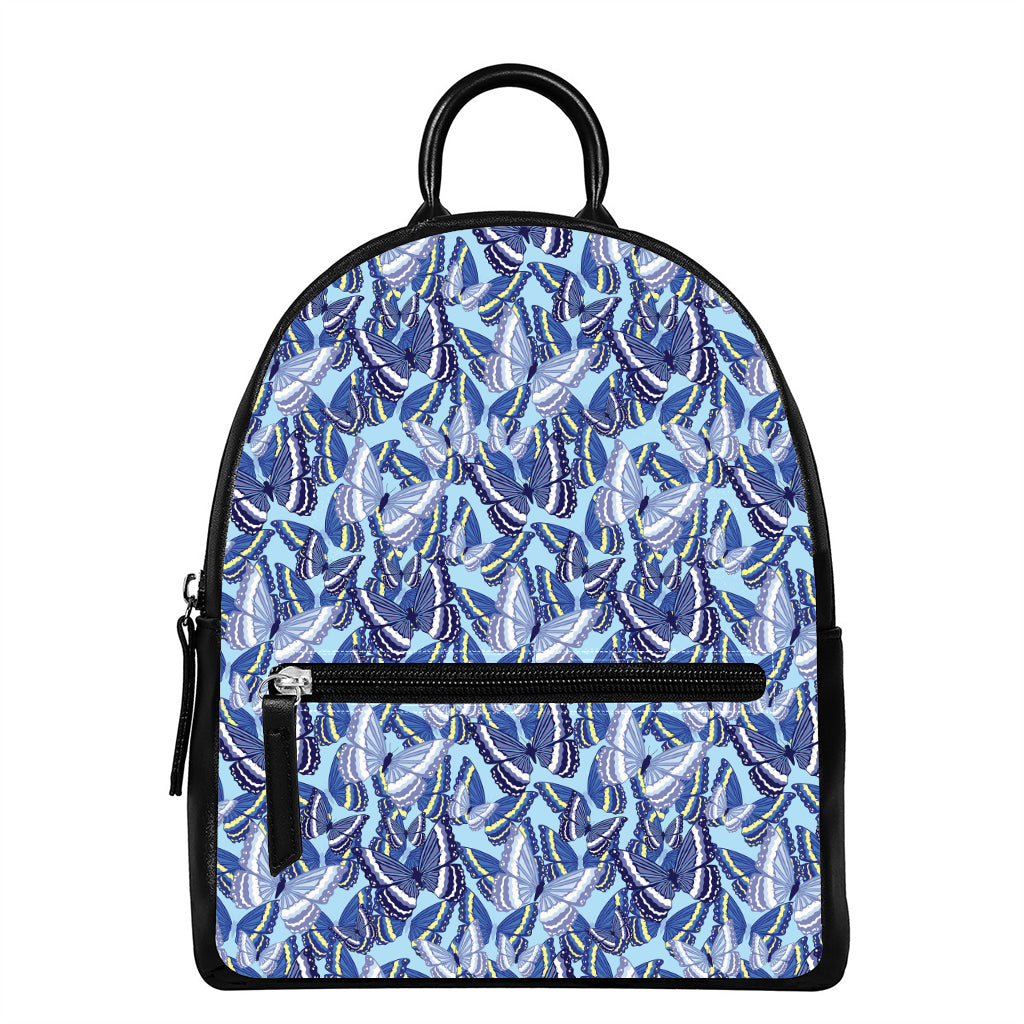 Blue Spring Butterfly Pattern Print Leather Backpack