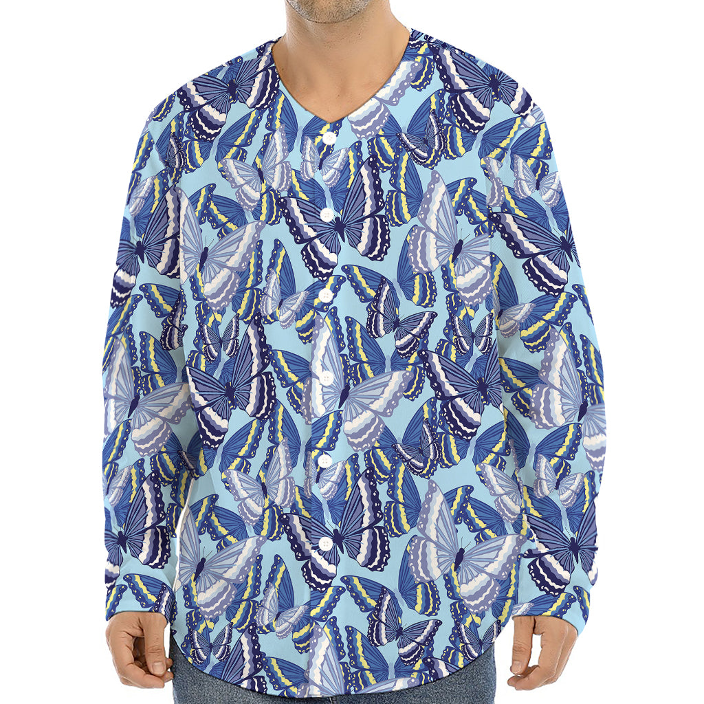 Blue Spring Butterfly Pattern Print Long Sleeve Baseball Jersey