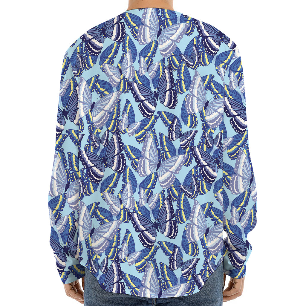 Blue Spring Butterfly Pattern Print Long Sleeve Baseball Jersey