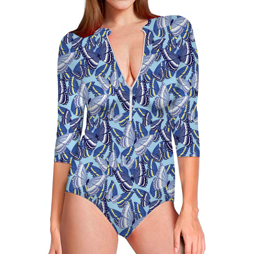 Blue Spring Butterfly Pattern Print Long Sleeve Swimsuit