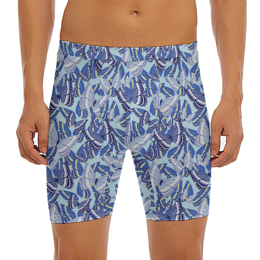 Blue Spring Butterfly Pattern Print Men's Long Boxer Briefs