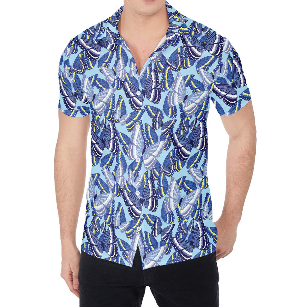 Blue Spring Butterfly Pattern Print Men's Shirt