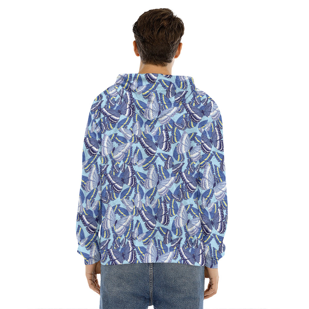Blue Spring Butterfly Pattern Print Men's Velvet Pullover Hoodie