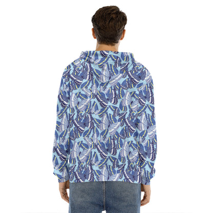 Blue Spring Butterfly Pattern Print Men's Velvet Pullover Hoodie