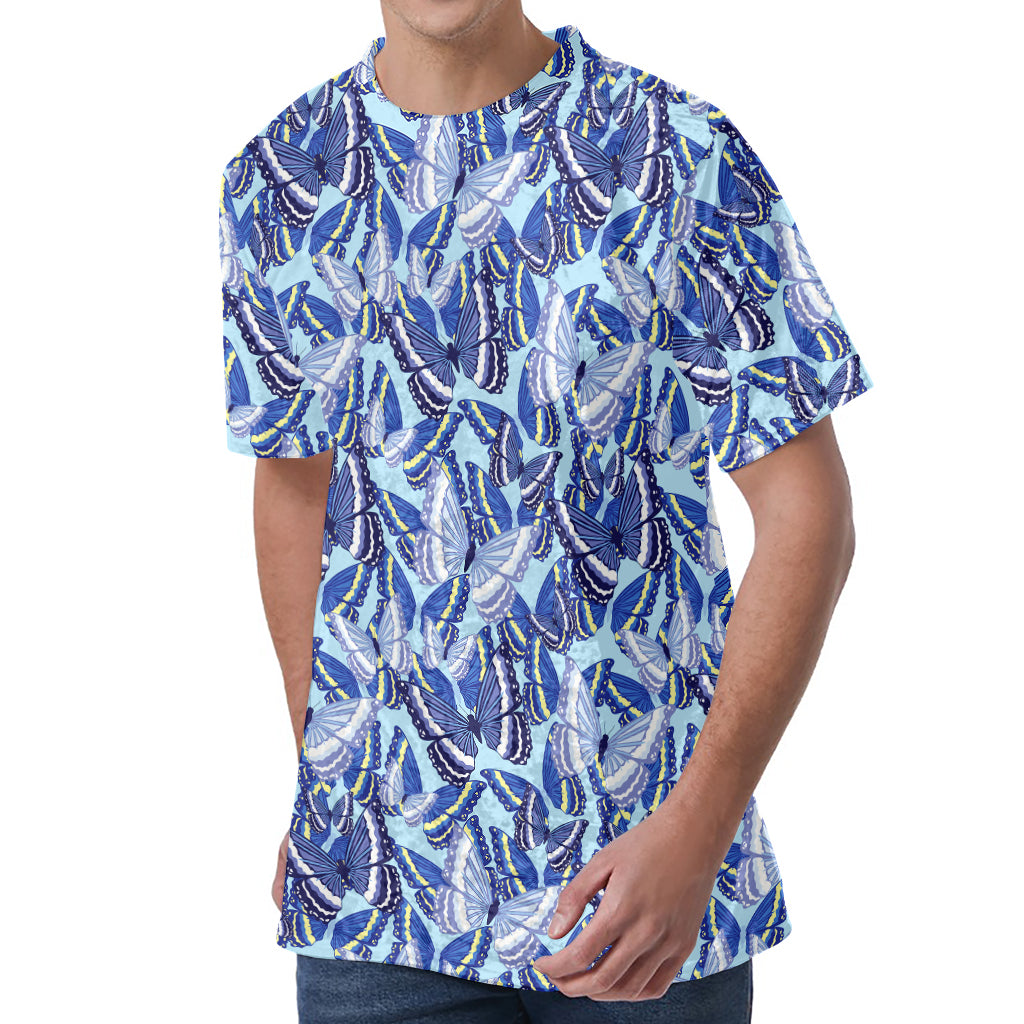 Blue Spring Butterfly Pattern Print Men's Velvet T-Shirt