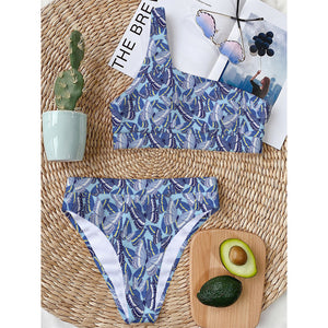 Blue Spring Butterfly Pattern Print One Shoulder Bikini Top