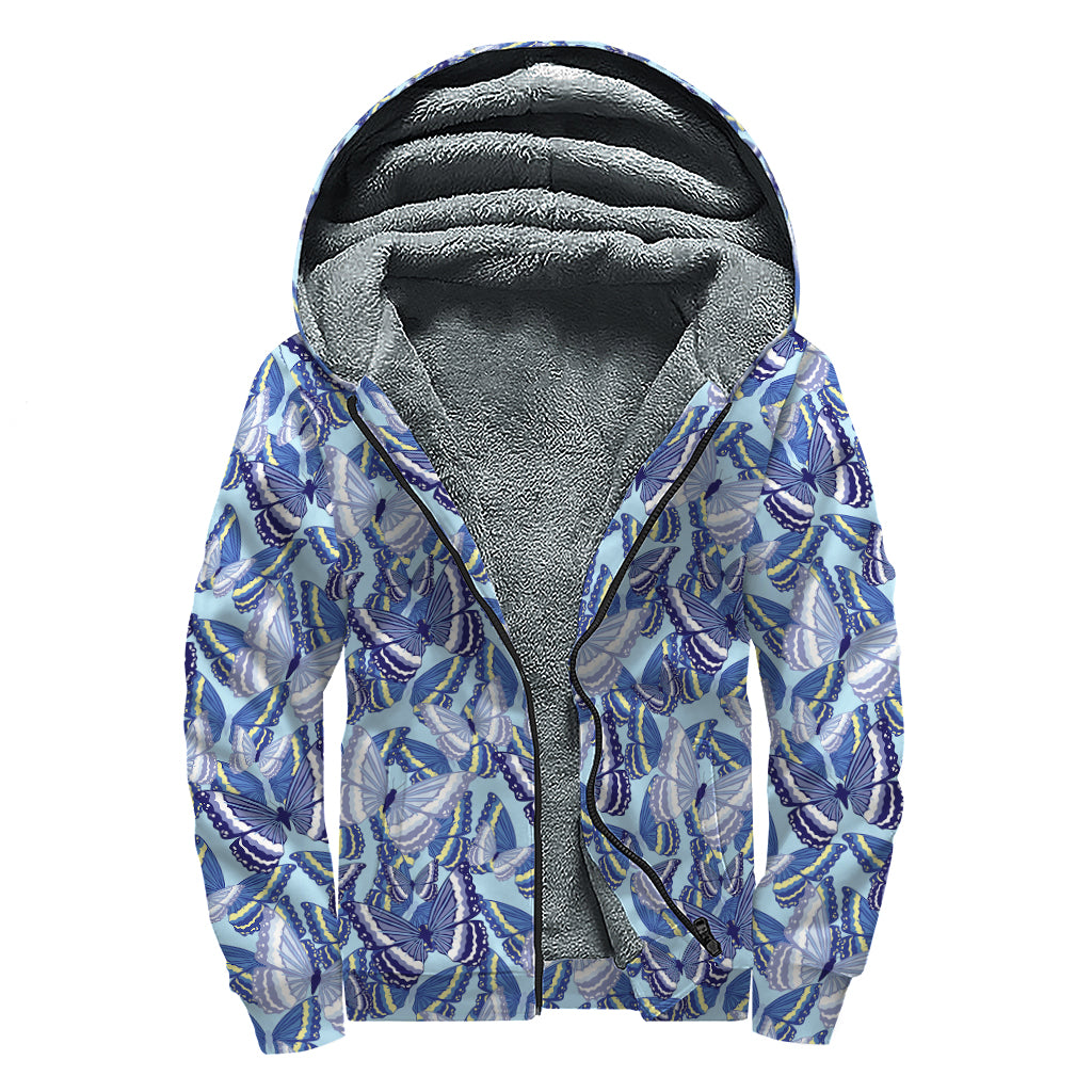 Blue Spring Butterfly Pattern Print Sherpa Lined Zip Up Hoodie