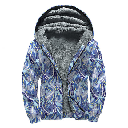 Blue Spring Butterfly Pattern Print Sherpa Lined Zip Up Hoodie
