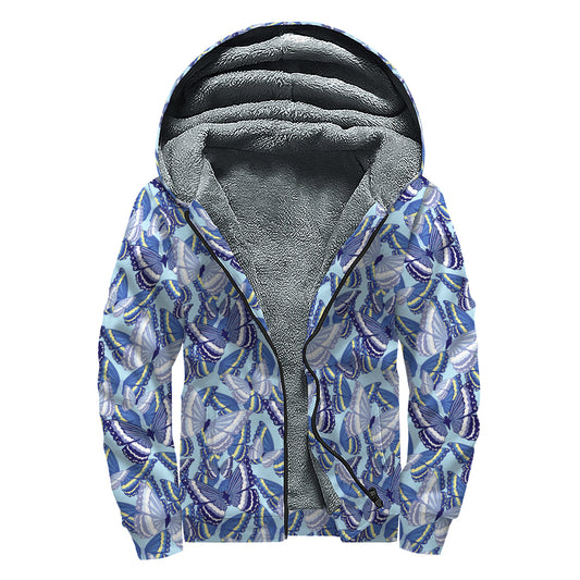 Blue Spring Butterfly Pattern Print Sherpa Lined Zip Up Hoodie