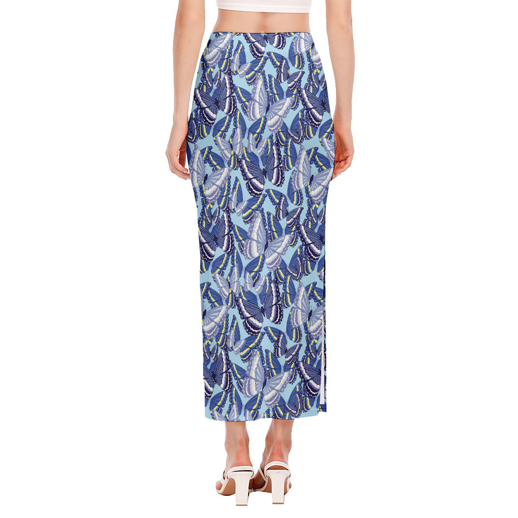 Blue Spring Butterfly Pattern Print Side Slit Maxi Skirt