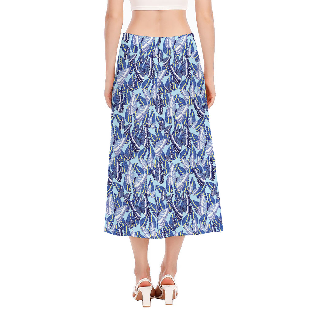 Blue Spring Butterfly Pattern Print Side Slit Midi Skirt