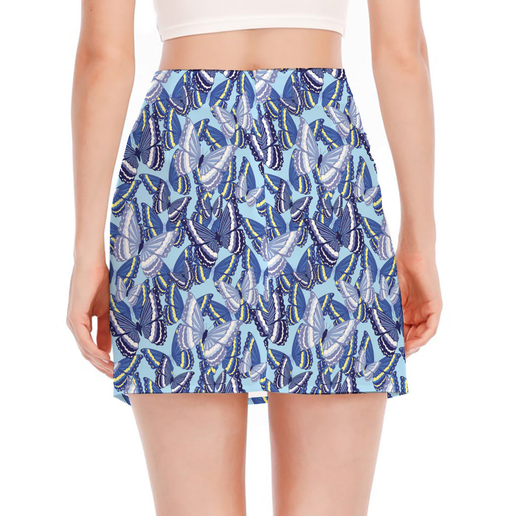 Blue Spring Butterfly Pattern Print Side Slit Mini Skirt